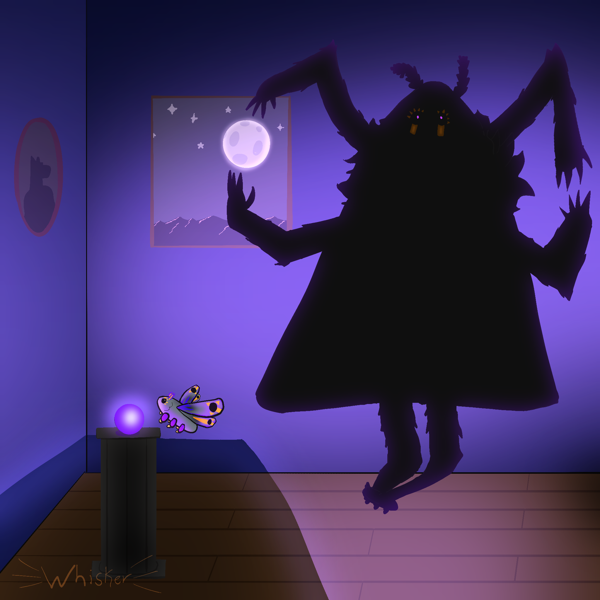 A simple room is illuminated by a glowing purple orb, casting vibrant purple light across the walls and floor. A grey moth with purple, black and yellow patterning has been attracted to the orb, and its shadow is being cast up the wall behind it, revealing a more sinister looking anthropomorphic moth silhouette. The silhouette's arms are posed like it's grasping the moon in a painting on the wall.