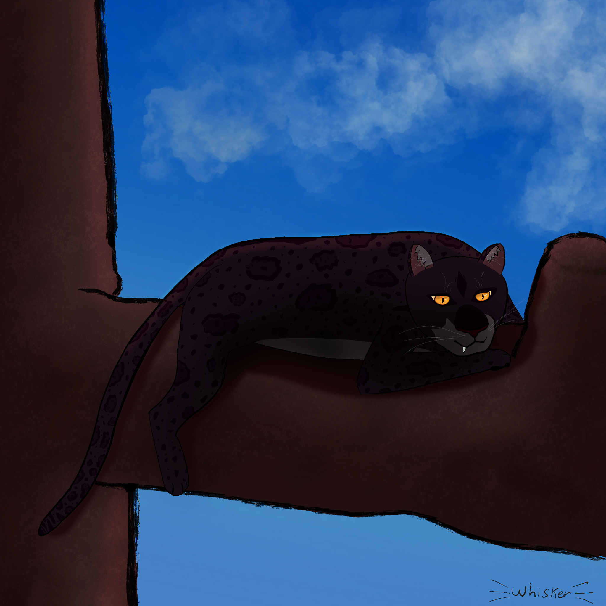 Digital art of a melanistic jaguar is lying on a tree branch, looking tired. There is a cloudy sky in the background.