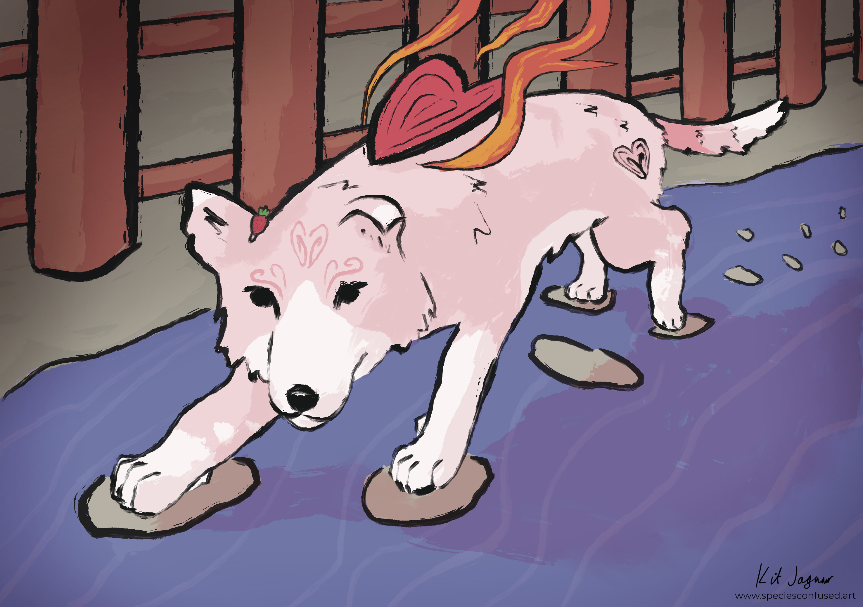 Digital painting in the style of the Okami games of a border collie with pink & white fur, heart-shaped designs on their forehead and rump, and a heart-shaped artifact floating over their back